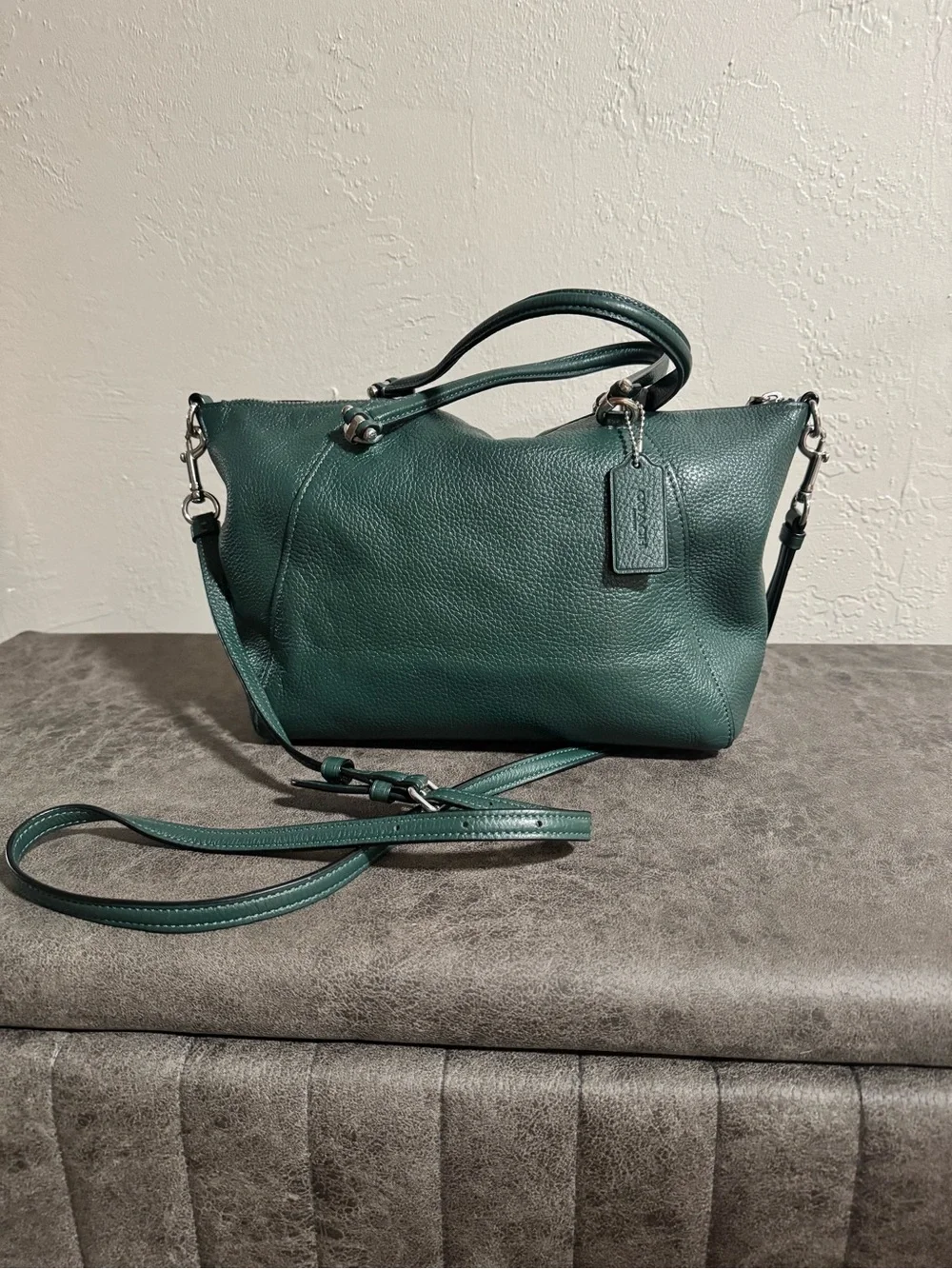 Coach Dark Green Pebbled Leather Satchel with Crossbody Strap